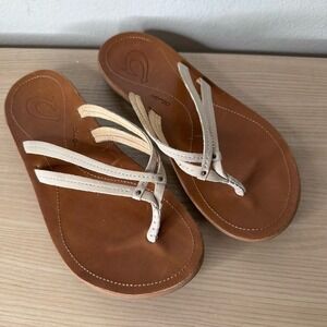 Olukai U'I Flip Flop Sandals Women's Beige Leather Double Strap - US 6